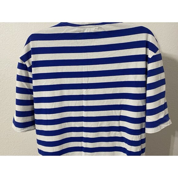 Shein Womens Blue & White Striped Top Size Large Round Neck Short Sleeve - Picture 7 of 8